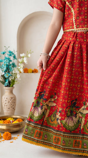Ahhaaaa Girls' Traditional Dandiya Print Chaniya Choli | Festive Lehenga Blouse & Draped Dupatta 3-Piece Set