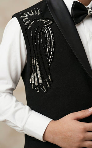 Ahhaaaa Boys' Black Party Wear Tuxedo Suit | Waistcoat, White Shirt & Pant Set
