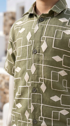 Ahhaaaa Boys 2-Piece Geometric Line-Art Co-ord Set - Brown, Green, Grey (2-12 Years)
