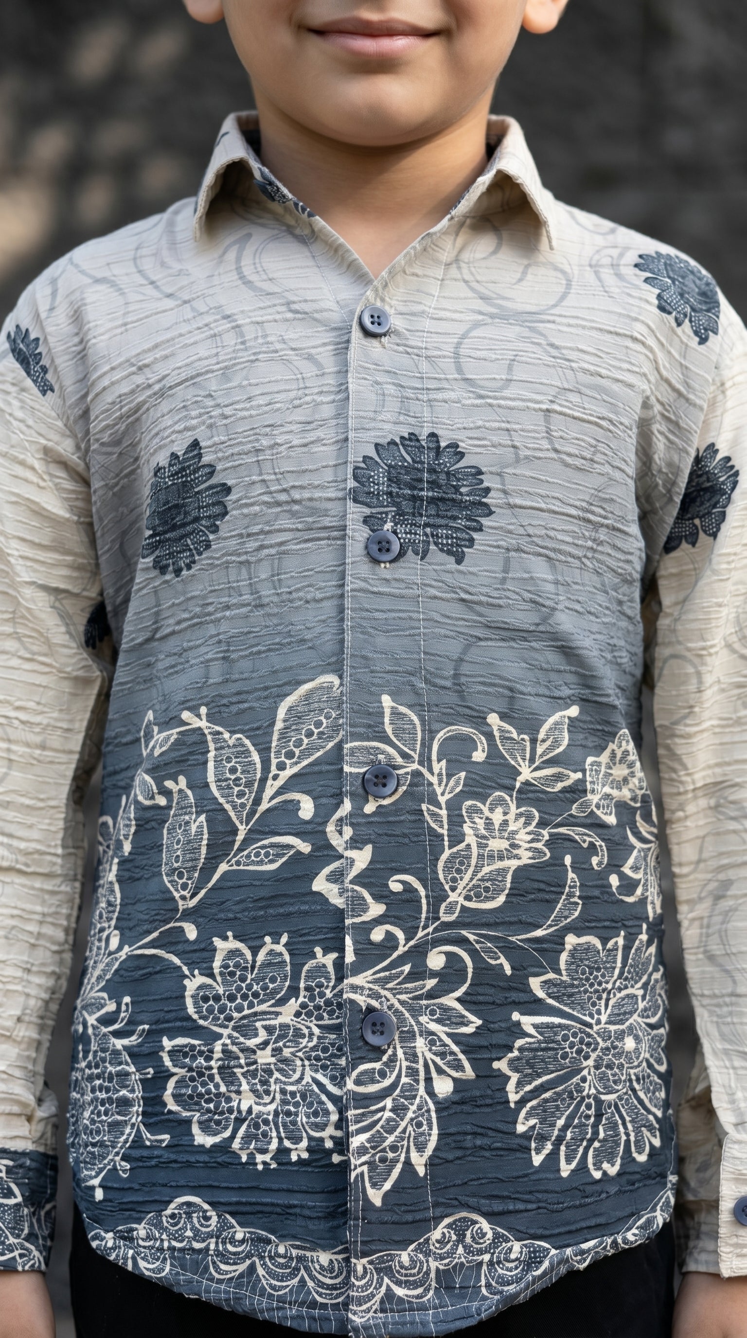 Ahhaaaa Boys Designer Textured Ombre Floral Shirt & Cargo Pant Set - Blue, Grey, Purple (2-8 Years)