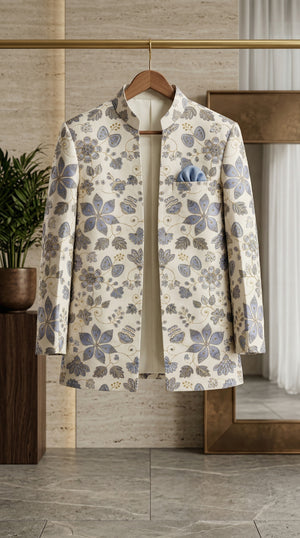 Ahhaaaa Boys 3-Piece Floral Zari Jacket, Sleeveless Kurta & Trouser Set - Blue, Pink, Turquoise