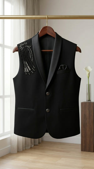 Ahhaaaa Boys' Black Party Wear Tuxedo Suit | Waistcoat, White Shirt & Pant Set