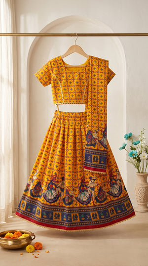 Ahhaaaa Girls' Traditional Dandiya Print Chaniya Choli | Festive Lehenga Blouse & Draped Dupatta 3-Piece Set
