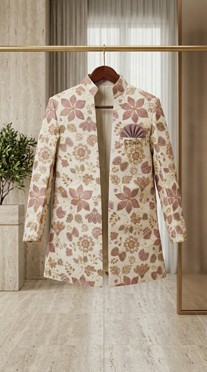 Ahhaaaa Boys 3-Piece Floral Zari Jacket, Sleeveless Kurta & Trouser Set - Blue, Pink, Turquoise