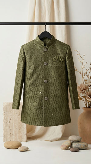 Ahhaaaa Boys Designer Jodhpuri Bandhgala Suit Set - Green, Pink, Cream (2-11 Years)