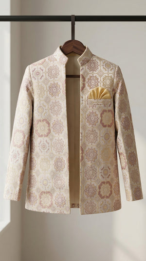 Ahhaaaa Boys' Royal Ethnic Printed Blazer with Sleeveless Kurta, Trouser & Maala Set (2-10 Years)