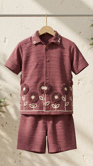 Ahhaaaa Boys Textured Co-ord Set with 3D Floral Embroidery - Shirt & Shorts (Brown, Green, Pink)