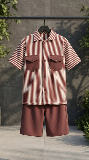 Ahhaaaa Boys 2-Piece Striped Textured Co-ord Set - Shirt & Shorts (Green, Pink, Grey)