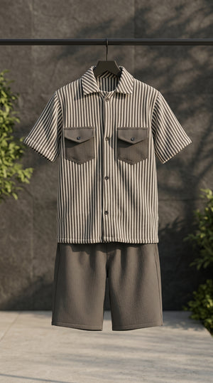 Ahhaaaa Boys 2-Piece Striped Textured Co-ord Set - Shirt & Shorts (Green, Pink, Grey)