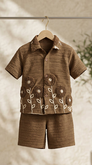 Ahhaaaa Boys Textured Co-ord Set with 3D Floral Embroidery - Shirt & Shorts (Brown, Green, Pink)