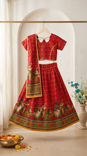 Ahhaaaa Girls' Traditional Dandiya Print Chaniya Choli | Festive Lehenga Blouse & Draped Dupatta 3-Piece Set