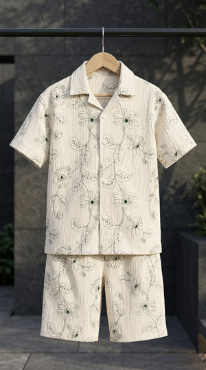 Ahhaaaa Boys 2-Piece Botanical Line-Art Co-ord Set - Shirt & Shorts (Green, Grey, Purple)
