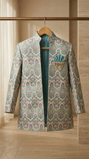 Ahhaaaa Boys Designer Indo-Western Jacket Set with Brooch & Jeweled Buttons (2-11 Years)