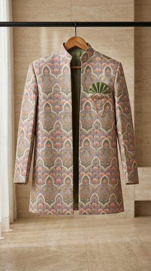 Ahhaaaa Boys Designer Indo-Western Jacket Set with Brooch & Jeweled Buttons (2-11 Years)