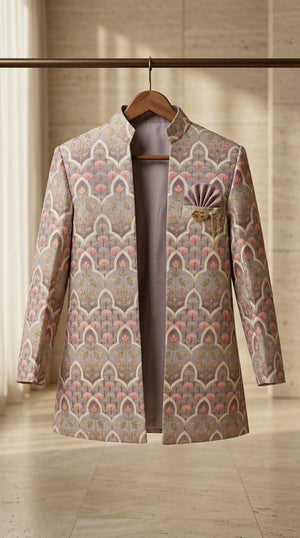 Ahhaaaa Boys Designer Indo-Western Jacket Set with Brooch & Jeweled Buttons (2-11 Years)