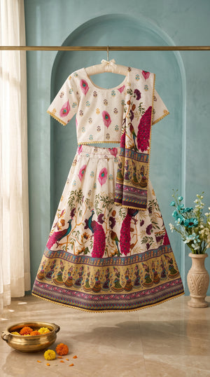 Ahhaaaa Girls' Peacock Kalamkari Print Chaniya Choli | Festive Lehenga Blouse & Draped Dupatta 3-Piece Set