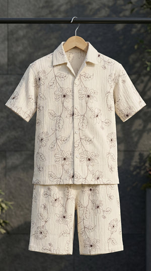 Ahhaaaa Boys 2-Piece Botanical Line-Art Co-ord Set - Shirt & Shorts (Green, Grey, Purple)