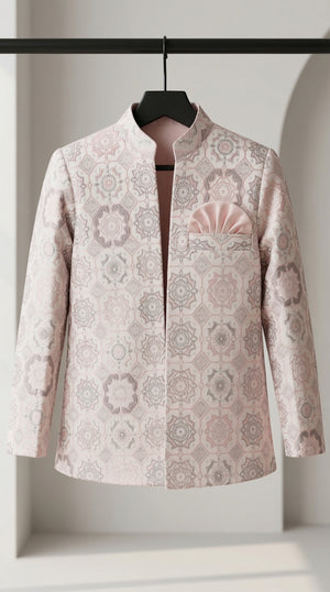 Ahhaaaa Boys' Royal Ethnic Printed Blazer with Sleeveless Kurta, Trouser & Maala Set (2-10 Years)