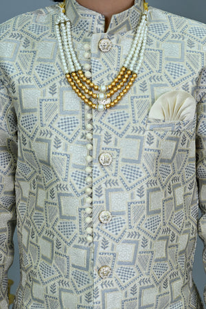 Ahhaaaa Boys Printed Jacquard Indo Western Sherwani Set Jodhpuri Suit Style Kurta Pyjama for kids