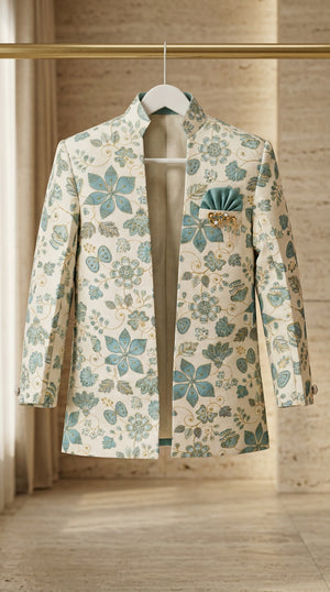 Ahhaaaa Boys 3-Piece Floral Zari Jacket, Sleeveless Kurta & Trouser Set - Blue, Pink, Turquoise