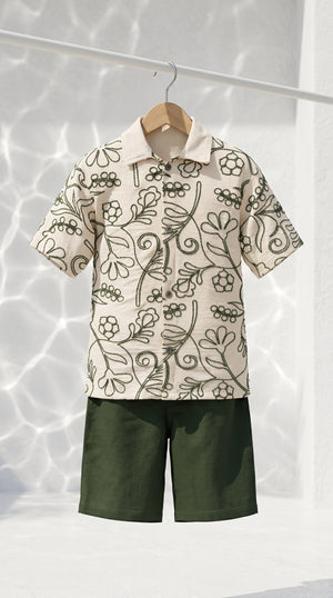 Ahhaaaa Boys 2-Piece Embroidered Floral Vine Co-ord Set - Brown, Green, Grey (2-12 Years)