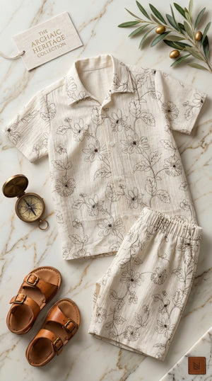 Ahhaaaa Boys 2-Piece Botanical Line-Art Co-ord Set - Shirt & Shorts (Green, Grey, Purple)