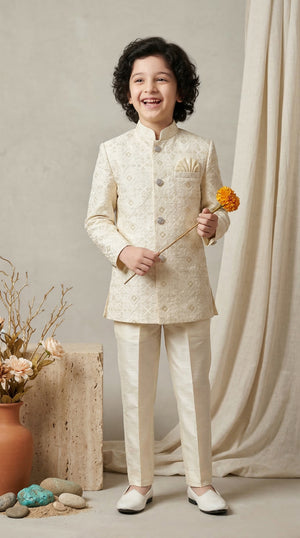 Ahhaaaa Boys Designer Jodhpuri Bandhgala Suit Set - Wine, Pink, Cream (2-11 Years)