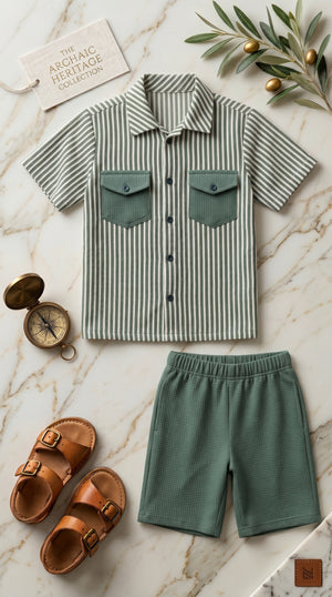 Ahhaaaa Boys 2-Piece Striped Textured Co-ord Set - Shirt & Shorts (Green, Pink, Grey)