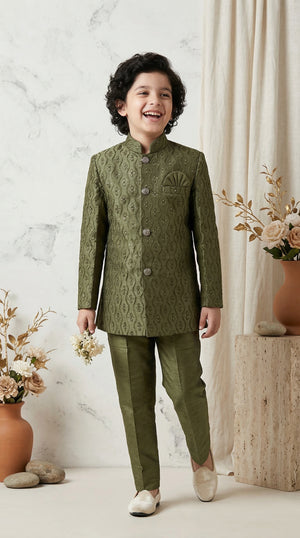 Ahhaaaa Boys Designer Jodhpuri Bandhgala Suit Set - Green, Pink, Cream (2-11 Years)
