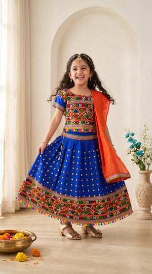 Ahhaaaa Girls' Traditional Dandiya Print Chaniya Choli | Festive Lehenga Blouse & Draped Dupatta 3-Piece Set