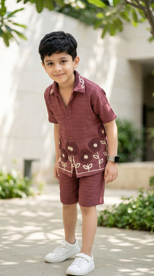 Ahhaaaa Boys Textured Co-ord Set with 3D Floral Embroidery - Shirt & Shorts (Brown, Green, Pink)