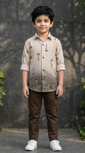 Ahhaaaa Boys Textured Ombre Drop Motif Shirt & Cargo Pant Set - Brown, Green, Pink (2-8 Years)