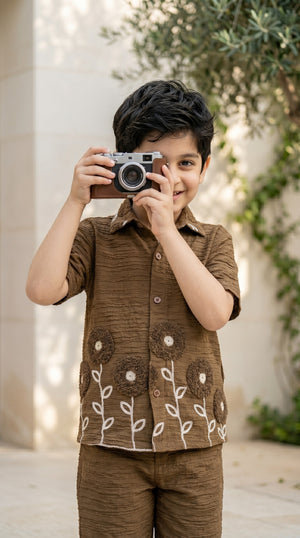 Ahhaaaa Boys Textured Co-ord Set with 3D Floral Embroidery - Shirt & Shorts (Brown, Green, Pink)