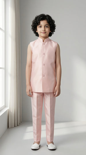 Ahhaaaa Boys' Royal Ethnic Printed Blazer with Sleeveless Kurta, Trouser & Maala Set (2-10 Years)