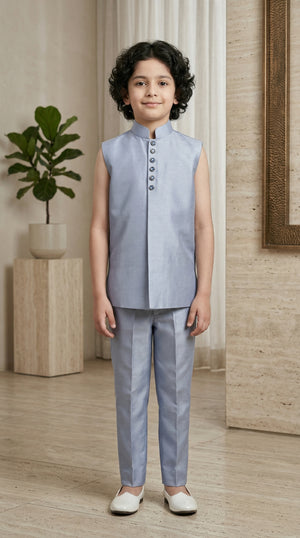 Ahhaaaa Boys 3-Piece Floral Zari Jacket, Sleeveless Kurta & Trouser Set - Blue, Pink, Turquoise