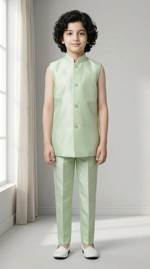 Ahhaaaa Boys' Royal Ethnic Printed Blazer with Sleeveless Kurta, Trouser & Maala Set (2-10 Years)