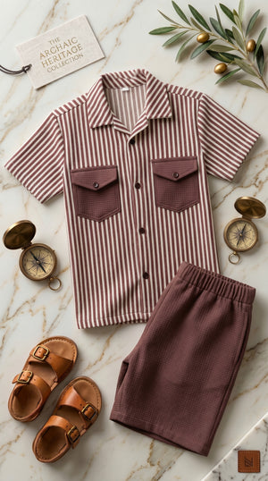 Ahhaaaa Boys 2-Piece Striped Textured Co-ord Set - Shirt & Shorts (Green, Pink, Grey)