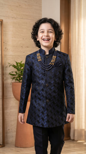 Ahhaaaa Boys Designer Basket-Weave Jodhpuri Suit Set - Wine, Green, Navy (2-11 Years)