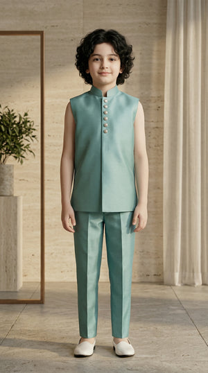 Ahhaaaa Boys Designer Indo-Western Jacket Set with Brooch & Jeweled Buttons (2-11 Years)