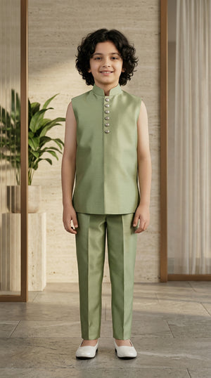 Ahhaaaa Boys Designer Indo-Western Jacket Set with Brooch & Jeweled Buttons (2-11 Years)