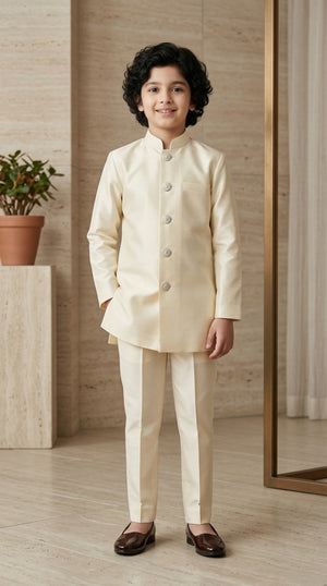 Ahhaaaa Boys 2-Piece Attached Jacket & Kurta Set with Diamond Motifs