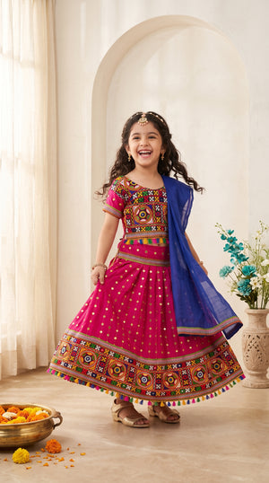 Ahhaaaa Girls' Traditional Dandiya Print Chaniya Choli | Festive Lehenga Blouse & Draped Dupatta 3-Piece Set
