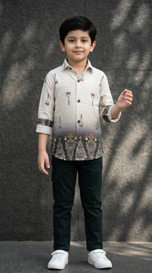 Ahhaaaa Boys Textured Ombre Drop Motif Shirt & Cargo Pant Set - Brown, Green, Pink (2-8 Years)