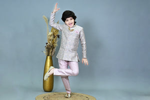Ahhaaaa Boys Printed Jacquard Indo Western Sherwani Set Jodhpuri Suit Style Kurta Pyjama for kids