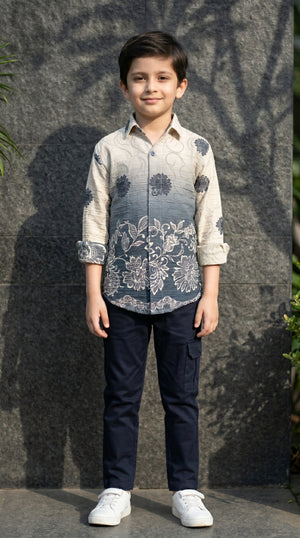 Ahhaaaa Boys Designer Textured Ombre Floral Shirt & Cargo Pant Set - Blue, Grey, Purple (2-8 Years)