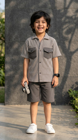 Ahhaaaa Boys 2-Piece Striped Textured Co-ord Set - Shirt & Shorts (Green, Pink, Grey)
