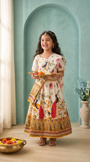 Ahhaaaa Girls' Peacock Kalamkari Print Chaniya Choli | Festive Lehenga Blouse & Draped Dupatta 3-Piece Set