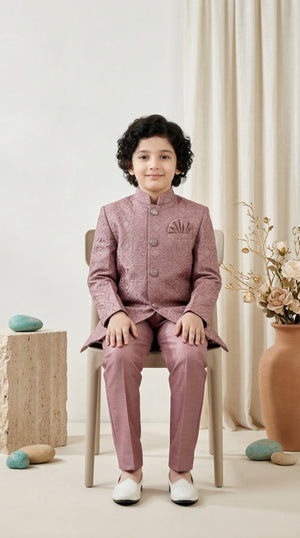 Ahhaaaa Boys Designer Jodhpuri Bandhgala Suit Set - Wine, Pink, Cream (2-11 Years)