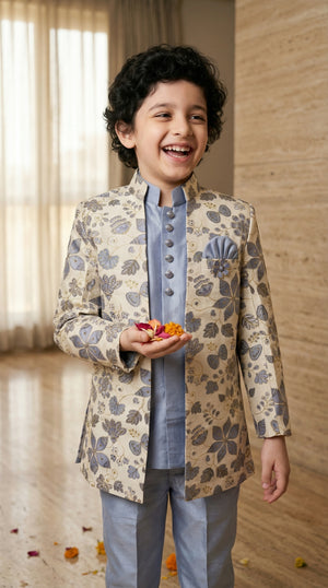 Ahhaaaa Boys 3-Piece Floral Zari Jacket, Sleeveless Kurta & Trouser Set - Blue, Pink, Turquoise