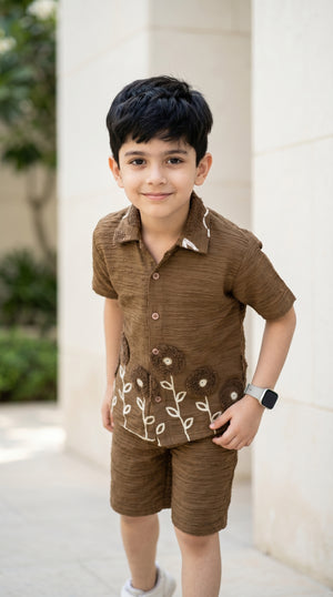 Ahhaaaa Boys Textured Co-ord Set with 3D Floral Embroidery - Shirt & Shorts (Brown, Green, Pink)
